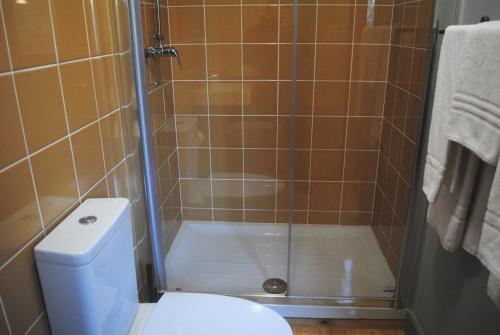 a bathroom with a shower with a toilet and a sink at Casa do Moinho in Montalegre