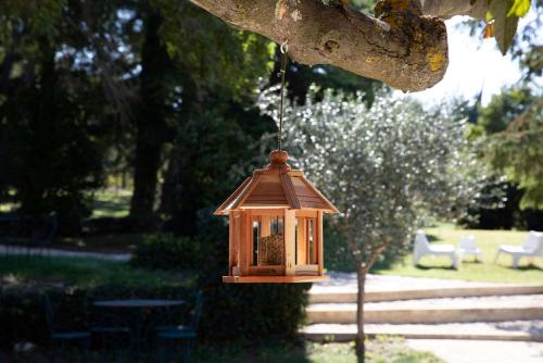 a wooden bird feeder hanging from a tree at Best Western Le Val Majour in Fontvieille