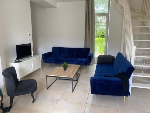 a living room with blue couches and a table at Les gîtes de Machault in Machault