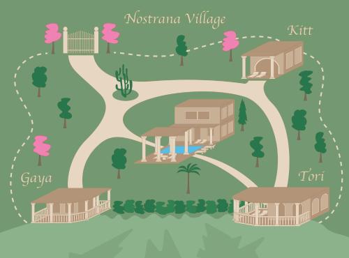 a map of a prehistoric village with houses and trees at Nostrana Village Apartments in Koskinou
