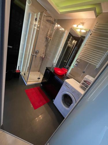 a bathroom with a washing machine and a shower at LUXURY BLUE APARTMENT by Marta in Radom
