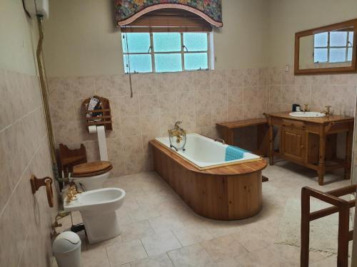 Un baño con bañera, inodoro y lavabo. en Lord Fraser Guest House, en Wepener