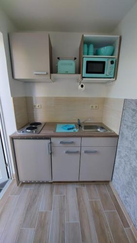 uma pequena cozinha com um lavatório e um micro-ondas em Ferienwohnung Hase und Igel em Sundhagen-Niederhof