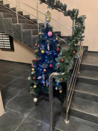 a christmas tree on the stairs in a building at Двокімнатні апартаменти в ЖК Щасливий Запорізьке шосе 30 in Dnipro