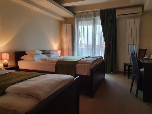 una camera d'albergo con due letti e una finestra di Pensiunea Mystique a Arad
