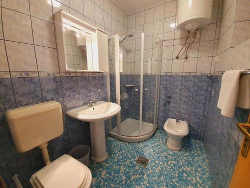a bathroom with a sink and a toilet and a shower at Apartments Villa Anne in Jadranovo