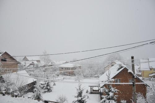 a view of a snow covered yard with houses at Svitlyachok in Yaremche