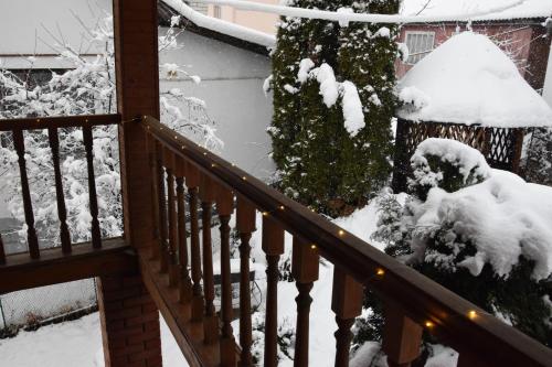 a snow covered staircase with a snow covered christmas tree at Svitlyachok in Yaremche