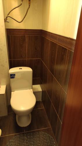 a bathroom with a white toilet and wooden walls at Водопійна 19 CityRooms in Bila Tserkva
