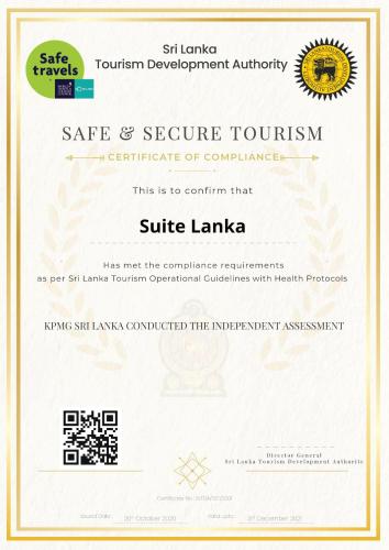 Ein Zertifikat, Auszeichnung, Logo oder anderes Dokument, das in der Unterkunft Suite Lanka ausgestellt ist