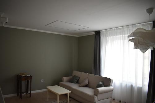 ein Wohnzimmer mit einer Couch und einem Fenster in der Unterkunft FLH - Grandparent's House- A small beautiful house in Sibiu