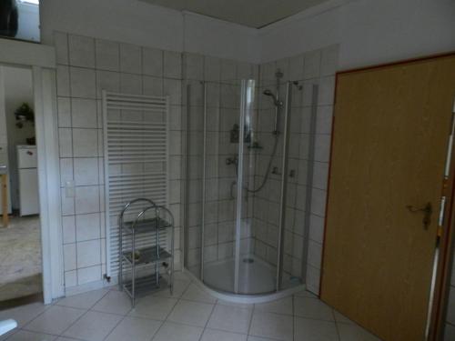 y baño con ducha a ras de suelo. en Ferienwohnung-Kutscherhaus, en Wernigerode