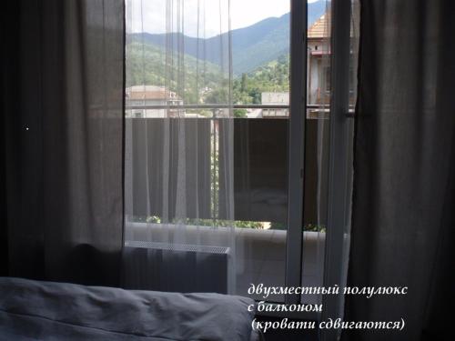 a bedroom window with a view of a mountain at Rakhiv Hotel & Apartments in Rakhiv