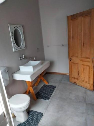 a bathroom with a white sink and a toilet at Via the Grapevine 3 bedroom house private parking in Colesberg