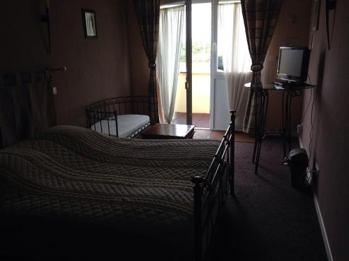 a bedroom with a bed and a television and a window at L'Epicurien in Saint-Nicolas-de-Port