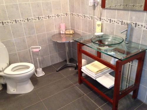 a bathroom with a toilet and a glass sink at L'Epicurien in Saint-Nicolas-de-Port