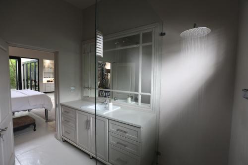 a white bathroom with a sink and a mirror at Another World - Montagu in Montagu