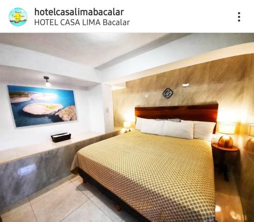 a bedroom with a bed in a hotel casa llima beach at Hotel Casa Lima Bacalar in Bacalar