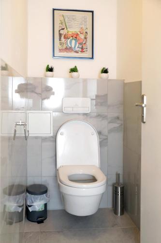 La salle de bains est pourvue de toilettes avec une photo au-dessus. dans l'établissement kougelhopf, à Colmar