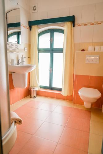 a bathroom with a toilet and a sink and a window at Na Kopečku AD 1795 - penzion s restaurací a wellness v Podkrkonoší in Dvůr Králové nad Labem