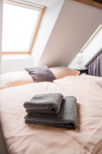 two towels sitting on top of a bed at Na Kopečku AD 1795 - penzion s restaurací a wellness v Podkrkonoší in Dvůr Králové nad Labem