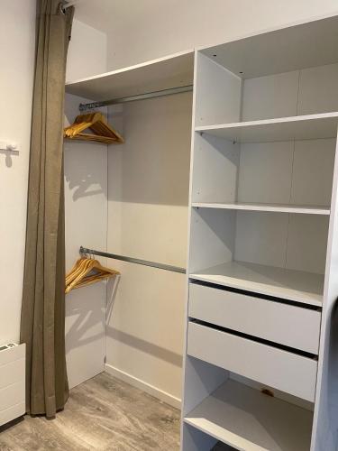a white walk in closet with white shelves at Épinal : superbe appartement en plein centre ville in Épinal