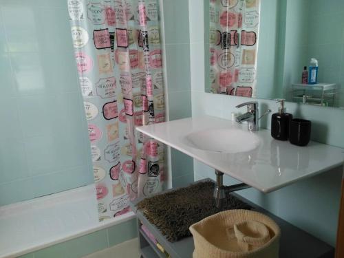 サン・アドリア・デ・ベソスにある2 BEDROOMS and 2 BATHROOMS FOR 5 PAX, SWIMMING POOL, FREE PARKING and NEAR THE BEACH!の洗面台とシャワーカーテン付きのバスルーム