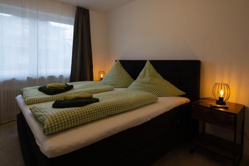 a bedroom with a large bed with a window at Landhaus am Itterbach Willingen in Willingen