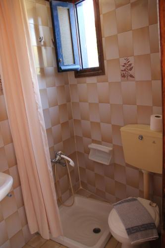 a bathroom with a shower and a toilet and a sink at Hotel Stavris in Khóra Sfakíon