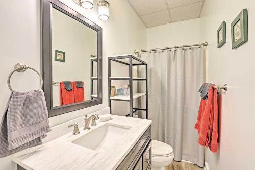 ein Badezimmer mit einem Waschbecken, einem WC und einem Spiegel in der Unterkunft Lovely Mountain Apartment with Patio and Koi Pond! in Asheville