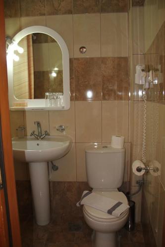 a bathroom with a toilet and a sink and a mirror at Hotel Stavris in Khóra Sfakíon