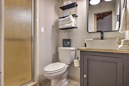 ein Badezimmer mit einem WC, einem Waschbecken und einem Spiegel in der Unterkunft Fredericksburg Regan Cottage with Hot Tub! in Fredericksburg
