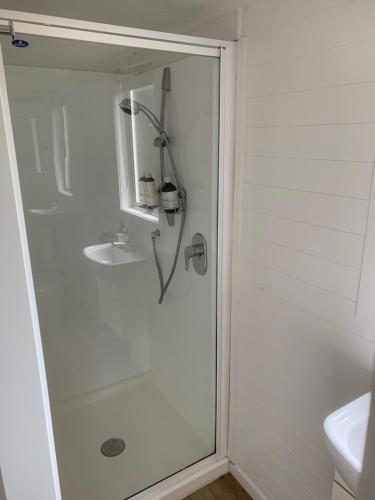 a shower with a glass door next to a sink at 125 Church Bay Cabins in Oneroa