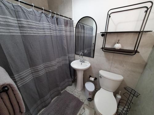 a bathroom with a toilet and a sink and a shower at Aguadilla Surfers Lair apt with electricity water AC Wifi 8 minute walk to Crashboat beach in Aguadilla