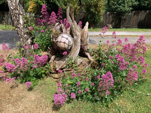 a statue of a soccer ball in a garden with flowers at Strahan Backpackers in Strahan
