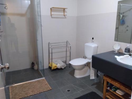 a bathroom with a toilet and a shower and a sink at Belle Vista in Wirrina Cove