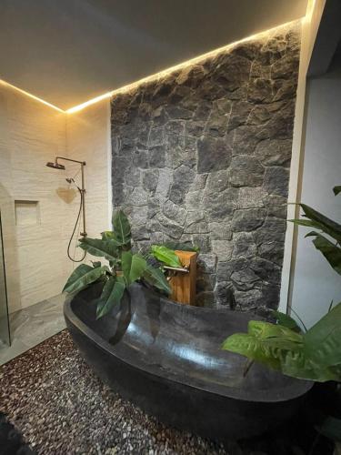 a bath tub with plants in front of a stone wall at Marades Tropical Villa in Ngingas