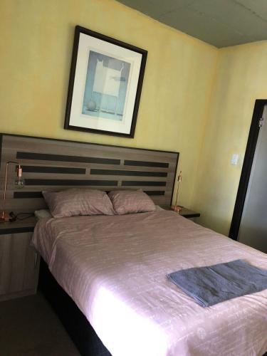 a bedroom with a bed with a picture on the wall at Broadway flats Braamfontain in Johannesburg