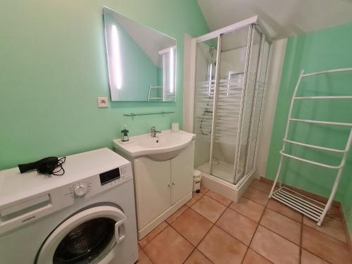 a bathroom with a washing machine and a sink at Gîte Donnery, 4 pièces, 6 personnes - FR-1-590-23 in Donnery