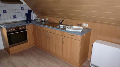 uma pequena cozinha com um lavatório e um fogão em Ferienwohnung Irene em Ludwigschorgast