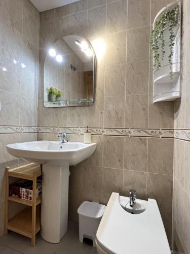 ein Badezimmer mit einem Waschbecken, einem WC und einem Spiegel in der Unterkunft Bellas Artes in Murcia