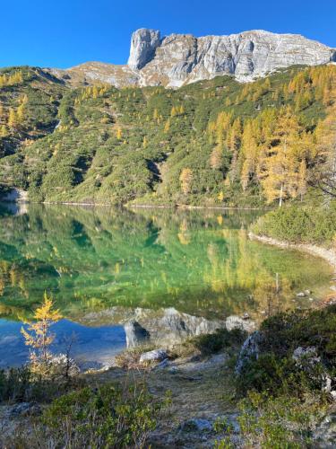 a mountain reflection in a lake in the mountains at Das Almsternderl - gemütliche Wohnung in Gosau in Gosau