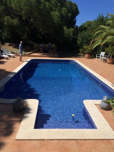 Ein Mann steht neben einem blauen Pool. in der Unterkunft Castelo do Mar, 3 bedroom villa with private pool in large garden, 400m to beach and close to village in Carvoeiro