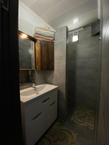a bathroom with a white sink and a shower at Смарт-квартира in Skole