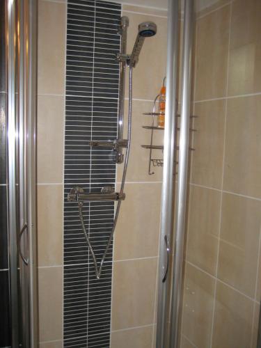 une douche avec une porte vitrée dans une salle de bain dans l'établissement La Maison Vigneronne, à Riquewihr