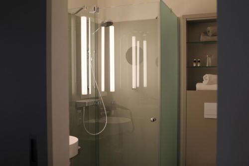 a bathroom with a shower with a glass door at Alter Hof am Elbdeich in Unbesandten