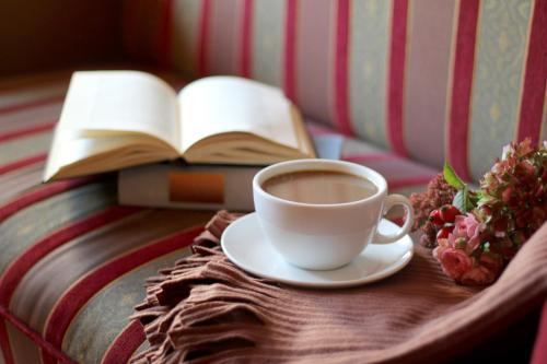a cup of coffee and an open book on a couch at Alter Hof am Elbdeich in Unbesandten