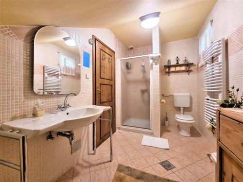 La salle de bains est pourvue d'un lavabo, d'une douche et de toilettes. dans l'établissement Holiday Home Tonkina kuća, à Trakošćan