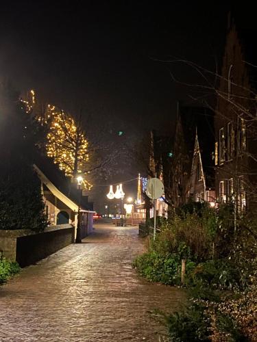 a cobblestone street at night with buildings and lights at Studio Clematis Bergen in Bergen