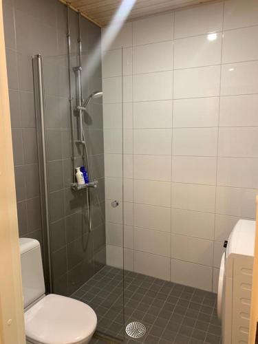 a bathroom with a shower and a toilet at Modern Apartment nearby Airport in Vantaa